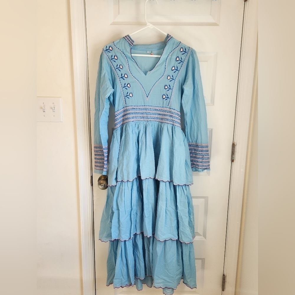 Celia Womens Blue Maxi Dress Tiered Long Sleeve Size S READ #D3 - Picture 1 of 8